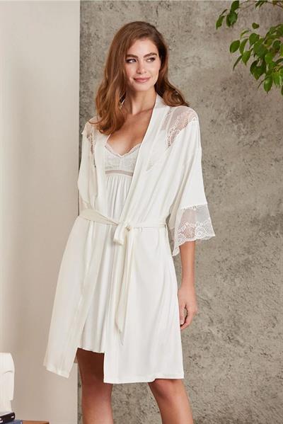 Pierre Cardin 4010 Kadın Dantelli Penye Gecelik Sabahlık Takım-Ekru