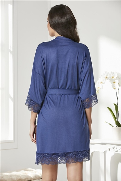 Pierre Cardin 4020 Kadın Penye Dantelli Gecelik Sabahlık Takım-Lacivert