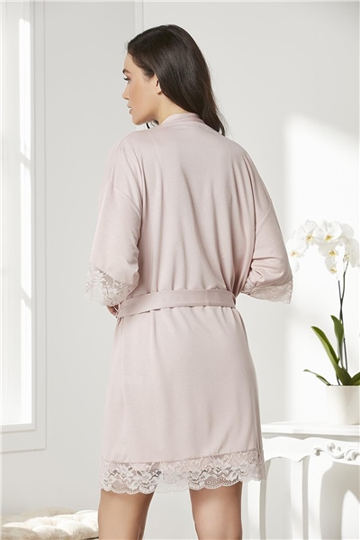 Pierre Cardin 4020 Kadın Penye Dantelli Gecelik Sabahlık Takım-Pudra