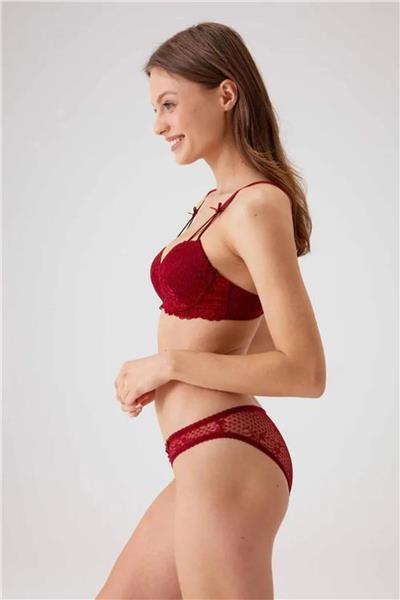 Pierre Cardin 4030 Balenli Desteksiz Dantel Sütyen Külot Takım-Bordo