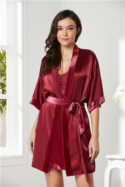 Pierre Cardin 4045 Kadın Saten Kadife Gecelik Sabahlık Takım-Bordo