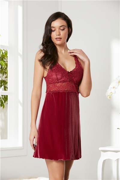 Pierre Cardin 4045 Kadın Saten Kadife Gecelik Sabahlık Takım-Bordo