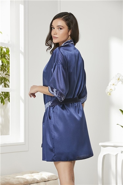 Pierre Cardin 4045 Kadın Saten Kadife Gecelik Sabahlık Takım-Lacivert