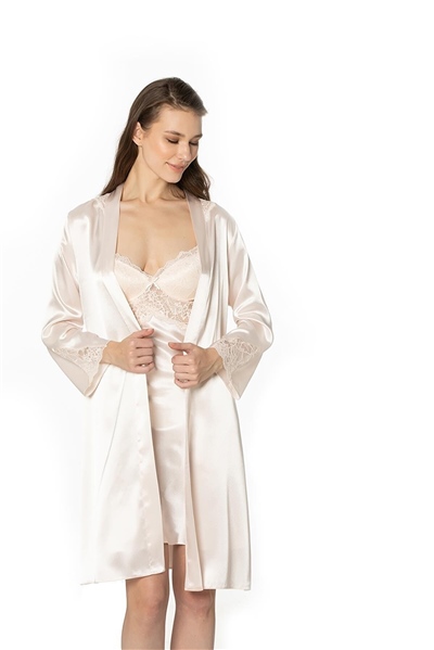 Pierre Cardin 4050 Kadın Saten Dantelli Gecelik&Sabahlık Takım - İnci