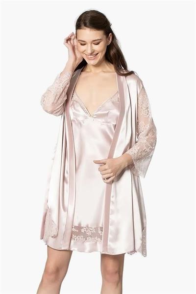 Pierre Cardin 4065 Kadın Saten Dantelli Gecelik Sabahlık Takım-Pudra