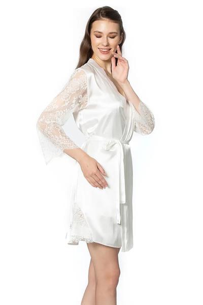 Pierre Cardin 4065 Kadın Saten Dantelli Gecelik Sabahlık Takım-Ekru