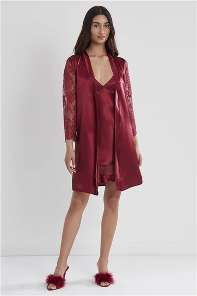 Pierre Cardin 4065 Kadın Saten Dantelli Gecelik Sabahlık Takım-Bordo