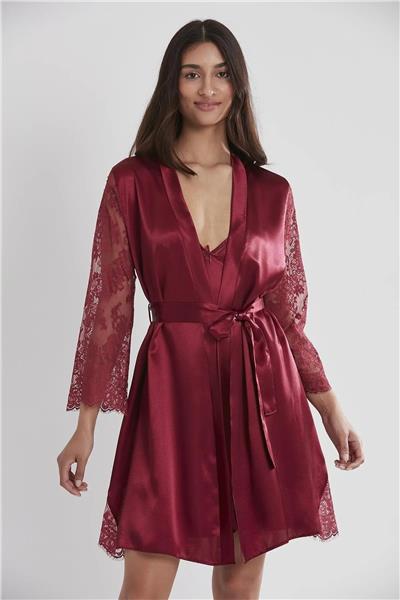 Pierre Cardin 4065 Kadın Saten Dantelli Gecelik Sabahlık Takım-Bordo