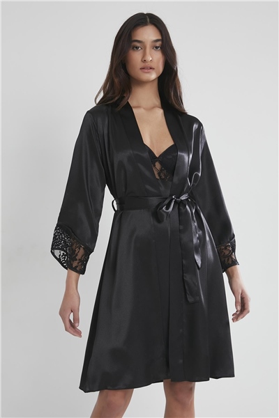 Pierre Cardin 4075 Saten Gecelik Sabahlık Takım - Siyah