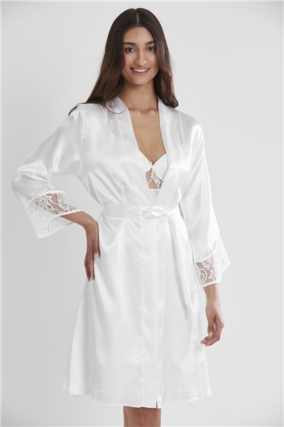 Pierre Cardin 4075 Saten Sabahlıklı Gecelik Takım - Ekru
