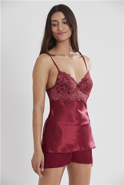 Pierre Cardin 415 Kadın İp Askılı Saten Dantelli Şort Takım-Bordo