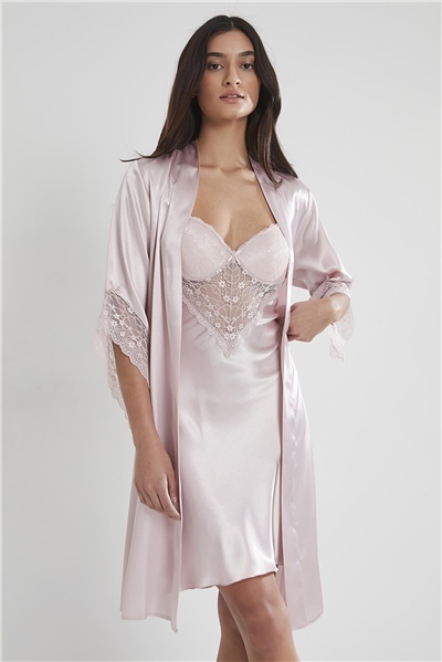 Pierre Cardin 4240 Kadın Saten Dantelli Gecelik&Sabahlık Takım - Pudra
