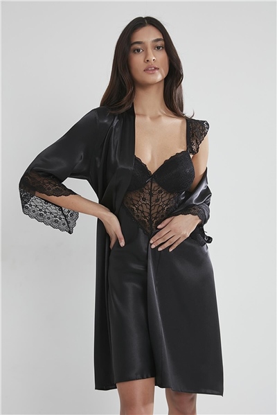 Pierre Cardin 4240 Kadın Saten Gecelik Sabahlık Takım-Siyah