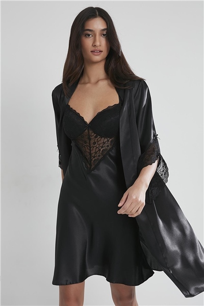 Pierre Cardin 4240 Kadın Saten Gecelik Sabahlık Takım-Siyah