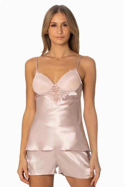 Pierre Cardin 425 Kadın İp Askılı Saten Dantelli Şort Takım-Pudra