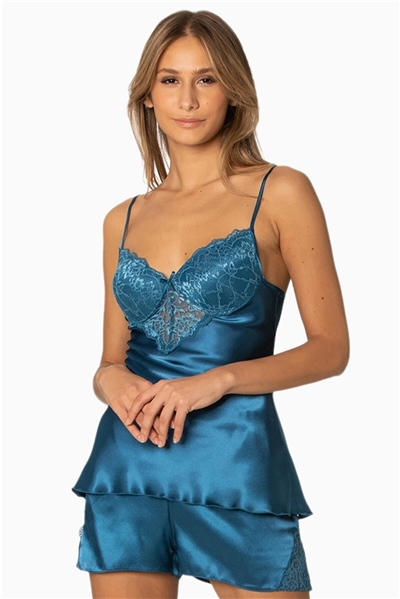 Pierre Cardin 425 Kadın İp Askılı Saten Dantelli Şort Takım-Safir