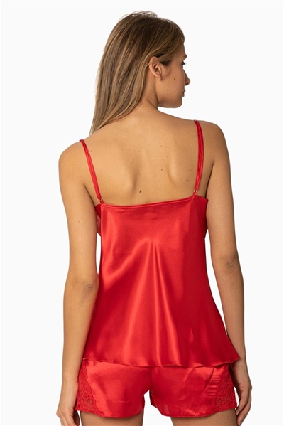 Pierre Cardin 425 Kadın İp Askılı Saten Dantelli Şort Takım-Kırmızı
