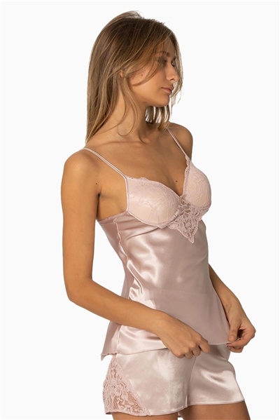 Pierre Cardin 425 Kadın İp Askılı Saten Dantelli Şort Takım-Pudra