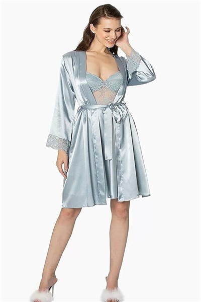 Pierre Cardin 4265 Kadın Saten Gecelik Sabahlık Takım-Mist