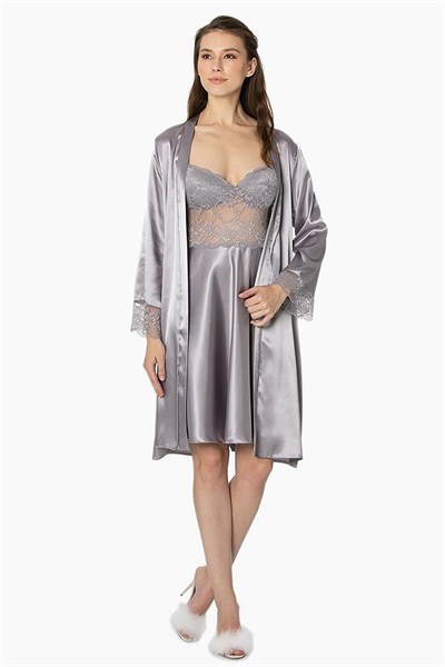 Pierre Cardin 4265 Kadın Saten Gecelik Sabahlık Takım-Royal