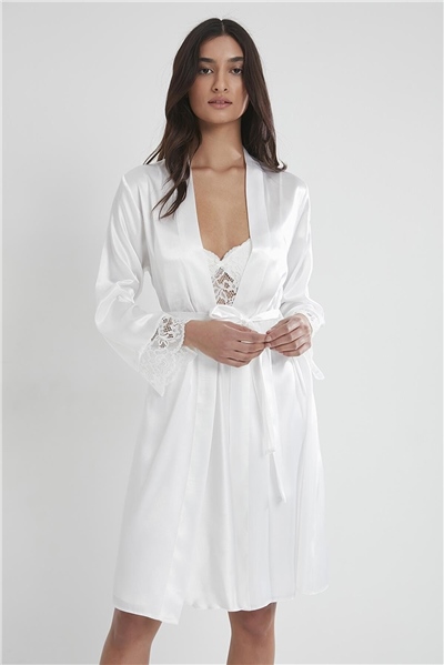 Pierre Cardin 4265 Kadın Saten Gecelik Sabahlık Takım-Ekru