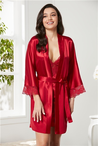 Pierre Cardin 4280 Kadın Saten Dantelli Gecelik Sabahlık Takım-Bordo
