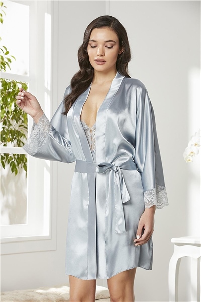 Pierre Cardin 4280 Kadın Saten Dantelli Gecelik Sabahlık Takım-Mist