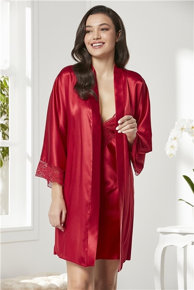Pierre Cardin 4280 Kadın Saten Dantelli Gecelik Sabahlık Takım-Bordo