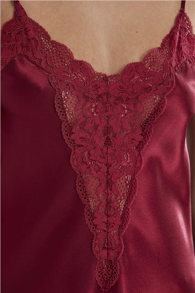 Pierre Cardin 430 Kadın İp Askılı Saten Dantelli Şort Takım-Bordo