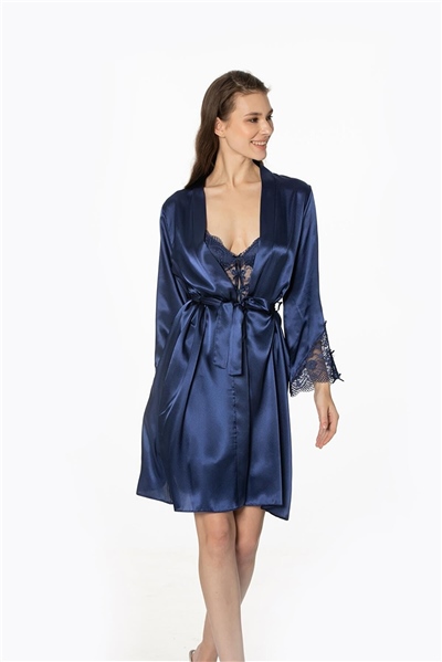 Pierre Cardin 4300 Kadın Saten Gecelik Sabahlık Takım-Lacivert