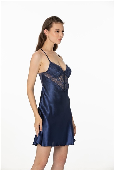 Pierre Cardin 4300 Kadın Saten Gecelik Sabahlık Takım-Lacivert