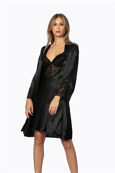 Pierre Cardin 4300 Kadın Saten Gecelik Sabahlık Takım-Siyah