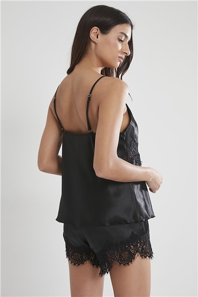 Pierre Cardin 435 Kadın İp Askılı Saten Dantelli Şort Takım-Siyah