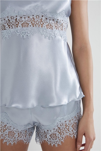 Pierre Cardin 435 Kadın İp Askılı Saten Dantelli Şort Takım-Mist