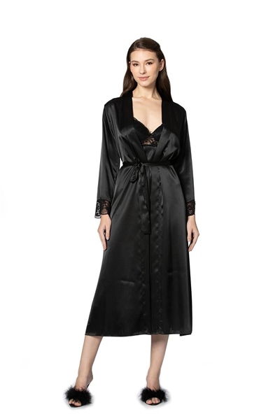Pierre Cardin 4370 Kadın Saten Gecelik Sabahlık Takım-Siyah