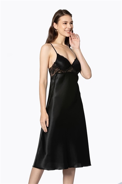 Pierre Cardin 4370 Kadın Saten Gecelik Sabahlık Takım-Siyah