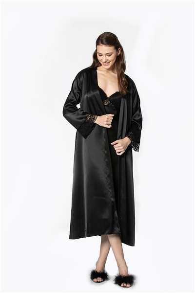 Pierre Cardin 4370 Kadın Saten Gecelik Sabahlık Takım-Siyah