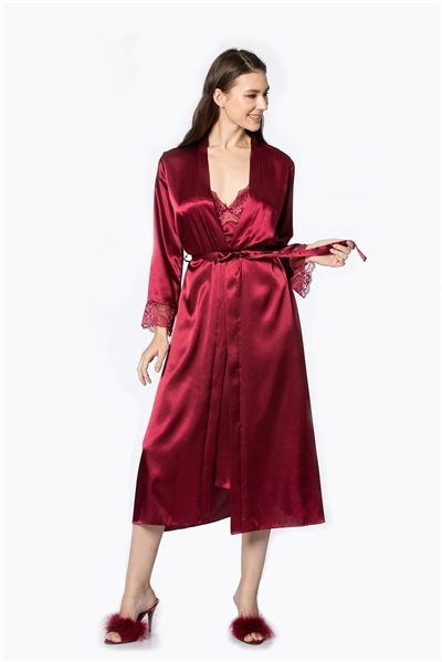 Pierre Cardin 4370 Kadın Saten Gecelik Sabahlık Takım-Bordo