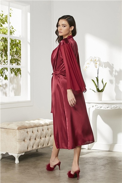 Pierre Cardin 4375 Kadın Saten Dantelli Gecelik Sabahlık Takım-Bordo