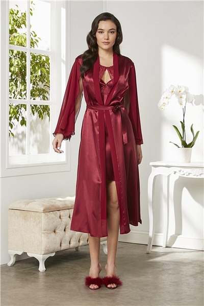 Pierre Cardin 4375 Kadın Saten Dantelli Gecelik Sabahlık Takım-Bordo