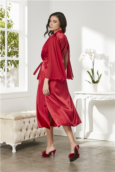 Pierre Cardin 4375 Kadın Saten Dantelli Gecelik Sabahlık Takım-Kırmızı