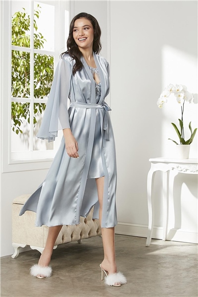 Pierre Cardin 4375 Kadın Saten Dantelli Gecelik Sabahlık Takım-Mist