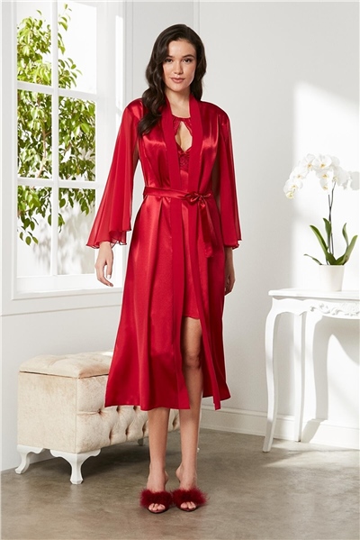 Pierre Cardin 4375 Kadın Saten Dantelli Gecelik Sabahlık Takım-Kırmızı