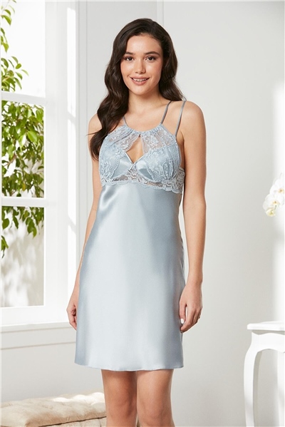 Pierre Cardin 4375 Kadın Saten Dantelli Gecelik Sabahlık Takım-Mist