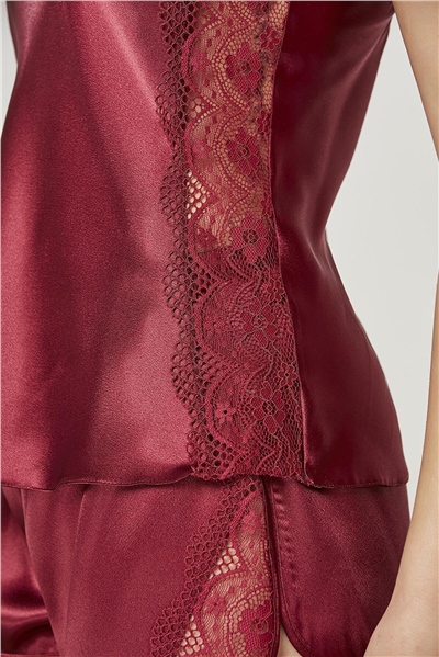 Pierre Cardin 438 Kadın İp Askılı Saten Dantelli Şort Takım-Bordo