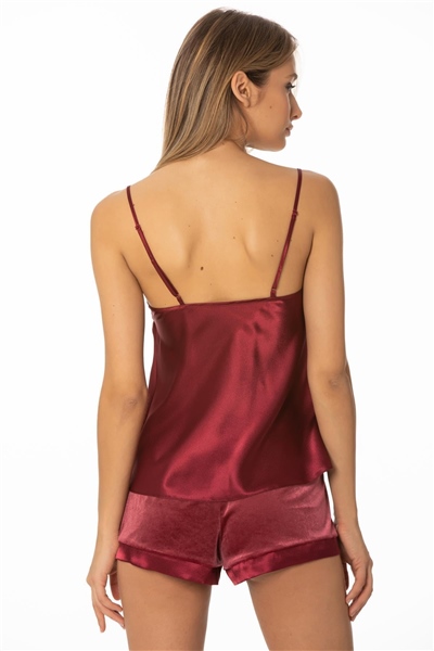 Pierre Cardin 440 Kadın Kadife Saten Pijama Şort Takım - Bordo