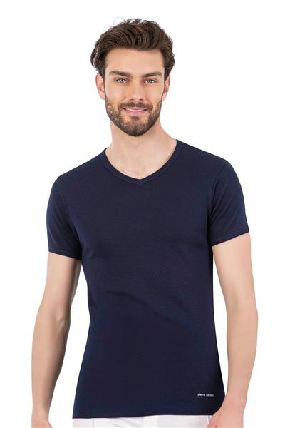 Pierre Cardin 442 Erkek %100 Pamuk Ribana V Yaka Yarım Kol Fanila-Lacivert