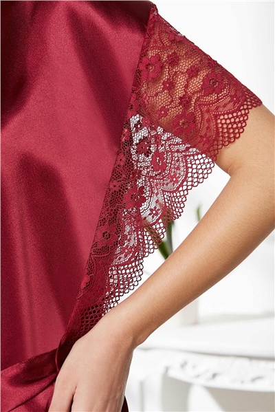 Pierre Cardin 4438 Kadın Saten Gecelik Sabahlık Takım-Bordo