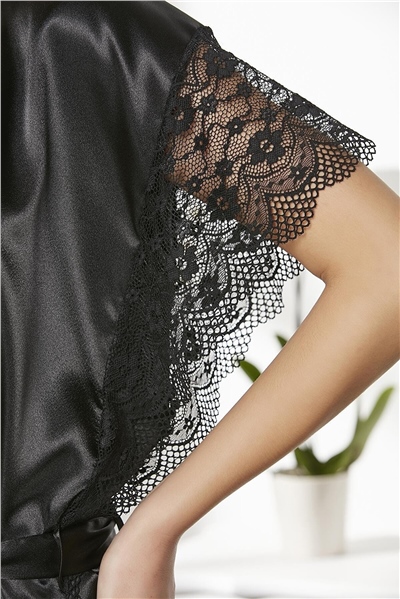 Pierre Cardin 4438 Kadın Saten Gecelik Sabahlık Takım-Siyah