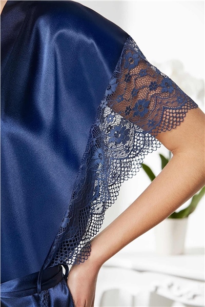 Pierre Cardin 4438 Kadın Saten Gecelik Sabahlık Takım-Lacivert